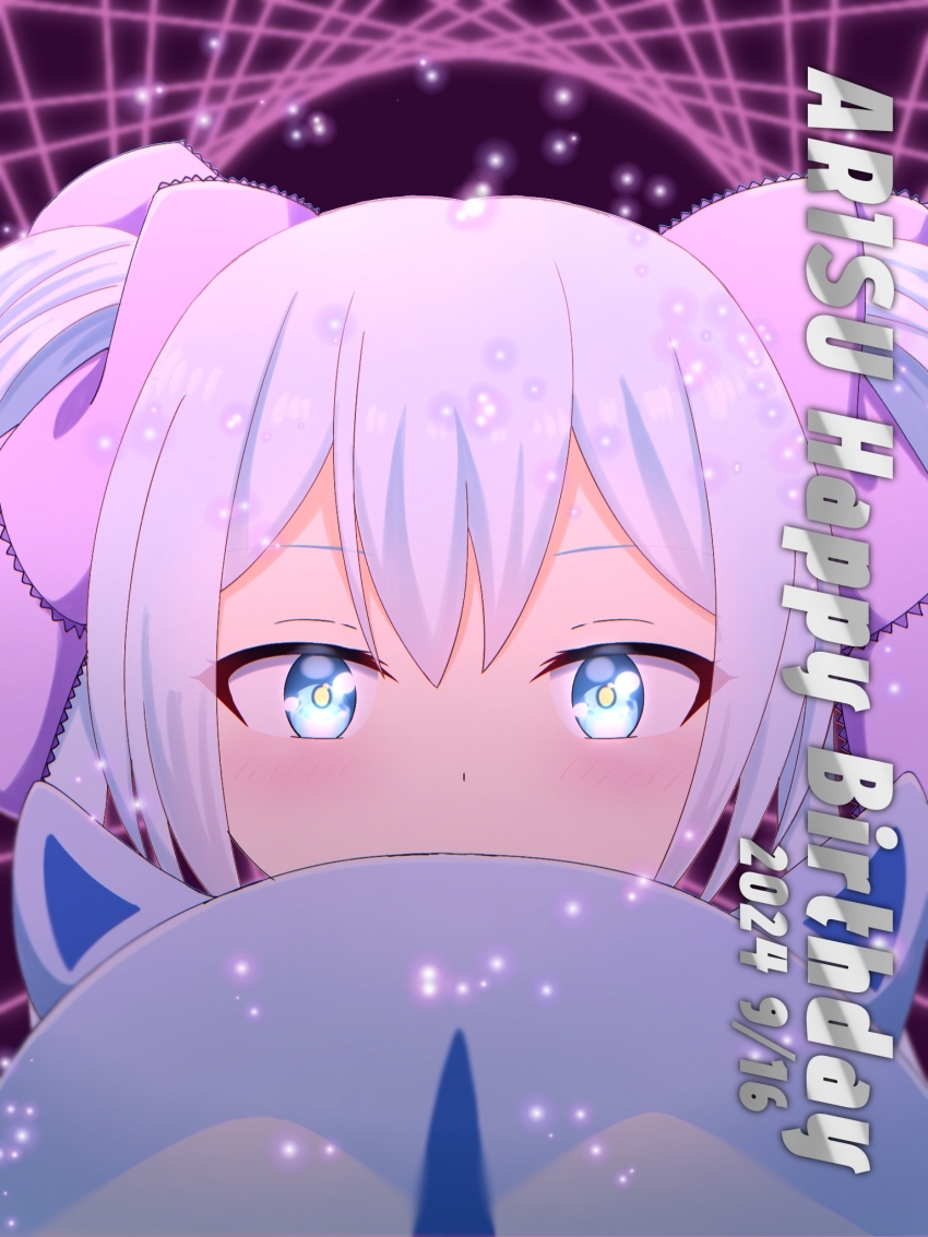 +_+, 1girl, blue_eyes, blush, commentary_request, covered_mouth, crown, hair_between_eyes