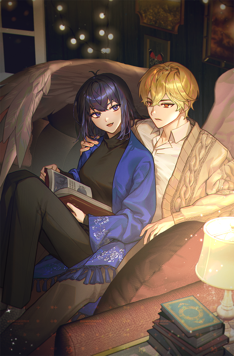 1boy, 1girl, :d, bamcream, black_pants, black_shirt, blonde_hair, blue_eyes