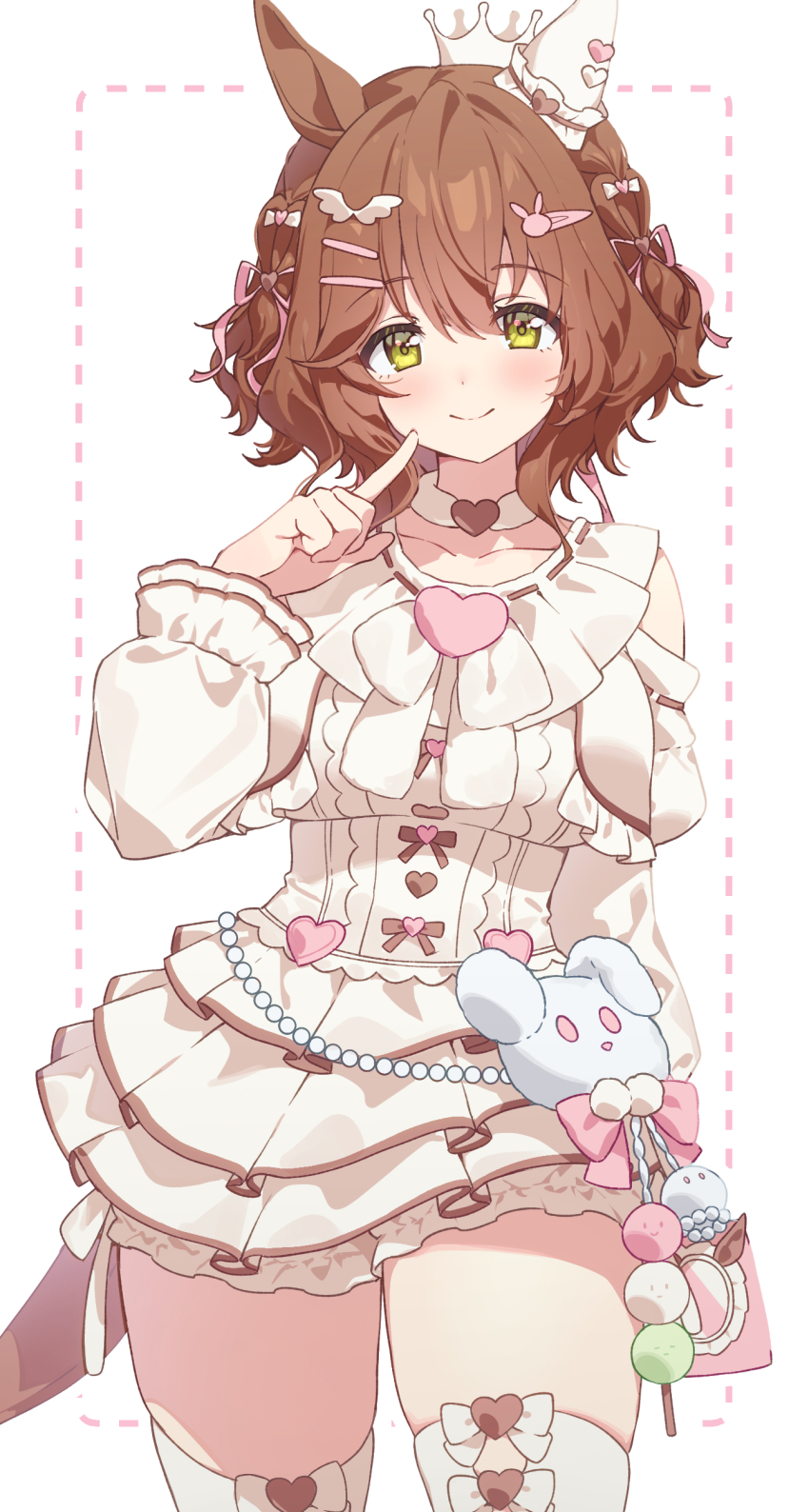 1girl, absurdres, animal_ears, aston_machan_(everlasting_candy)_(umamusume), aston_machan_(umamusume), bare_shoulders, blush, brooch