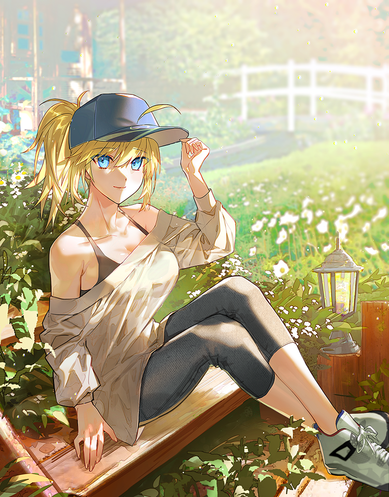 1girl, artoria_pendragon_(fate), bamcream, black_bra, black_pants, blonde_hair, blue_eyes, blue_hat
