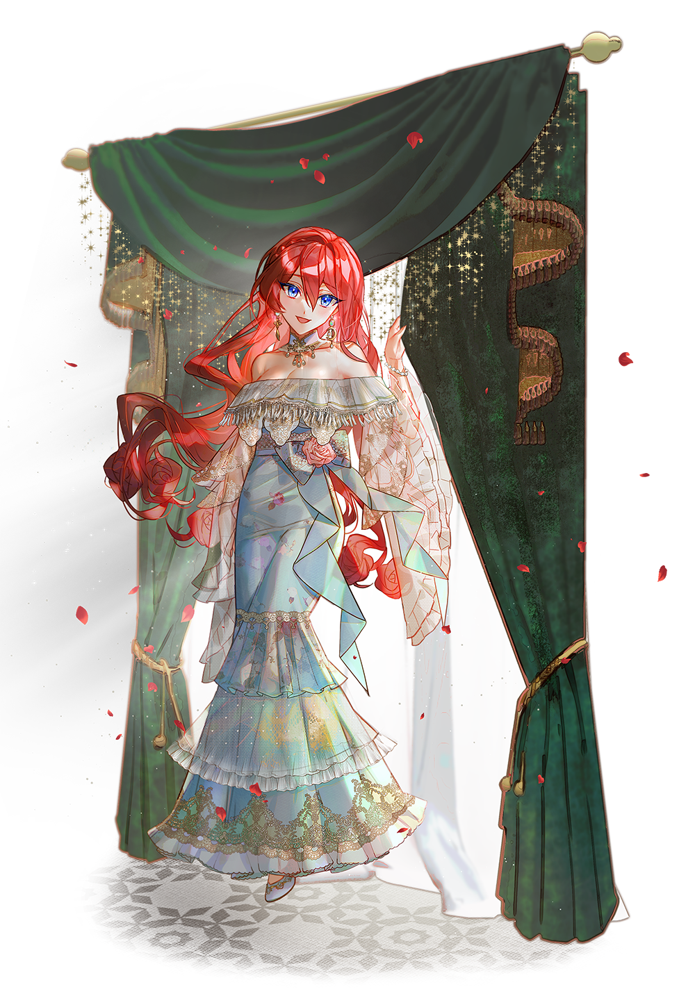 1girl, :d, bamcream, bare_shoulders, blue_dress, blue_eyes, blush, breasts