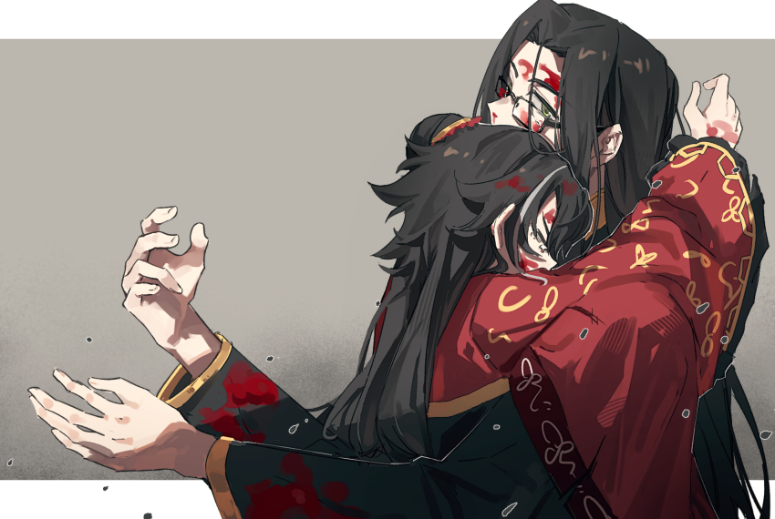 1boy, 1girl, black_dress, black_hair, blood, blood_on_clothes, blood_on_face, border