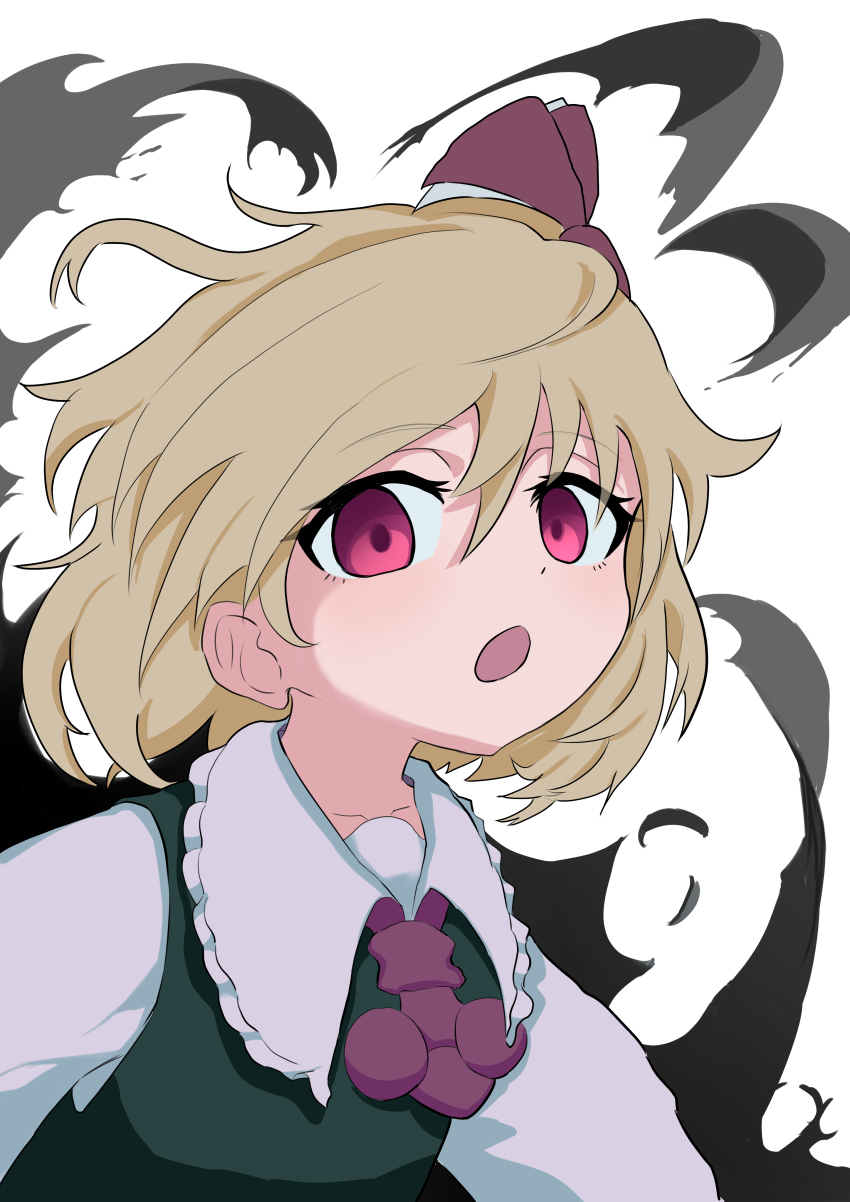 1girl, :o, absurdres, ascot, black_vest, blonde_hair, bow, darkness, guminemi, hair_bow, highres, looking_at_viewer, open_mouth, red_ascot, red_bow, red_eyes, rumia, shirt, short_hair, solo, touhou, upper_body, vest, white_background, white_shirt