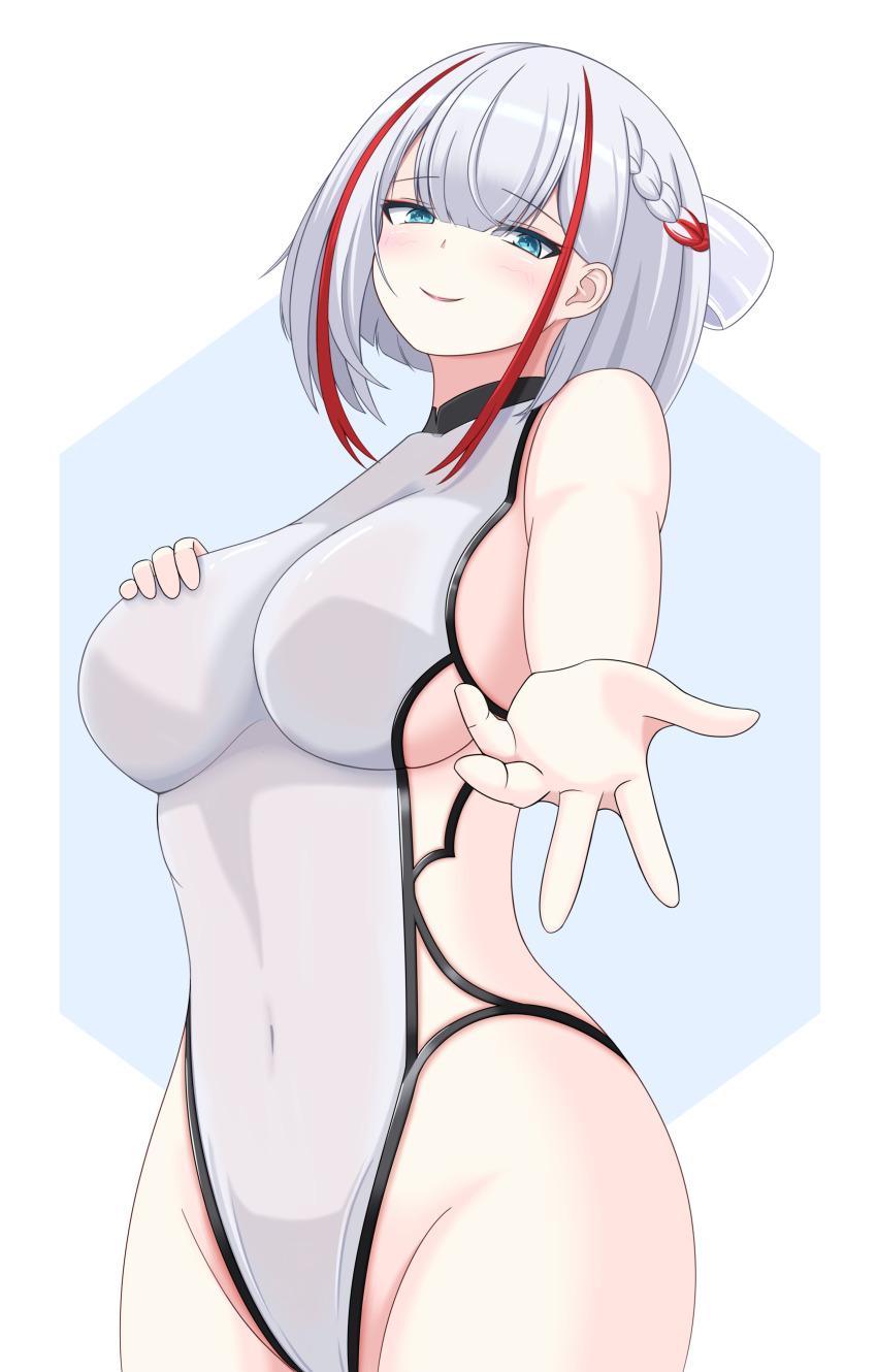 1girl, absurdres, asagiri_mito, azur_lane, backless_swimsuit, bare_shoulders, blue_eyes, blush, braid, breasts, covered_navel, eyeshadow, from_below, groin, hair_between_eyes, half-closed_eyes, hand_on_own_chest, hand_up, highleg, highleg_one-piece_swimsuit, highres, hip_focus, i-404_(azur_lane), large_breasts, looking_at_viewer, looking_down, makeup, medium_hair, multicolored_hair, one-piece_swimsuit, parted_lips, reaching, reaching_towards_viewer, red_eyeshadow, red_hair, sideboob, skin_tight, smug, solo, standing, streaked_hair, swimsuit, thighs, two-tone_hair, white_hair