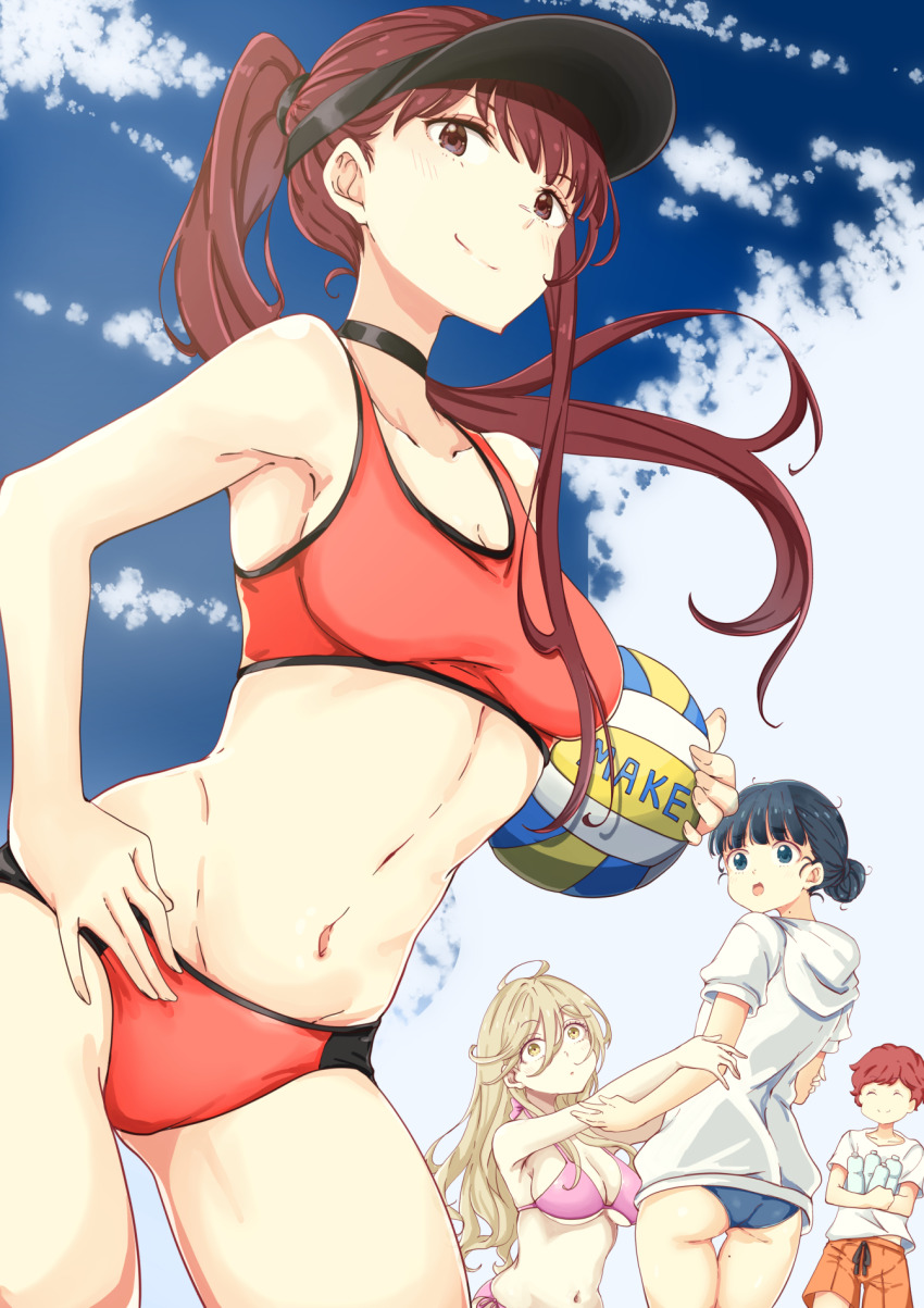 1boy, 3girls, ass, ball, basori_tiara, bikini, black_choker, black_hair