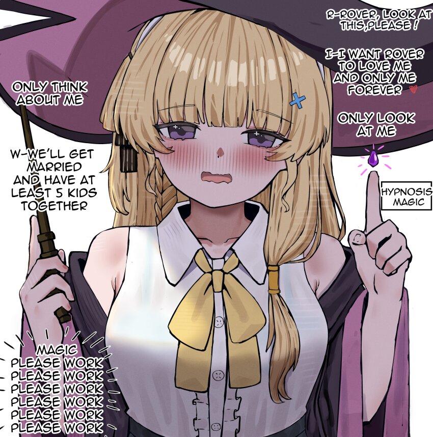 1girl, 2na_(blue2na), absurdres, bare_shoulders, blonde_hair, blush, bra_visible_through_clothes, casting_spell