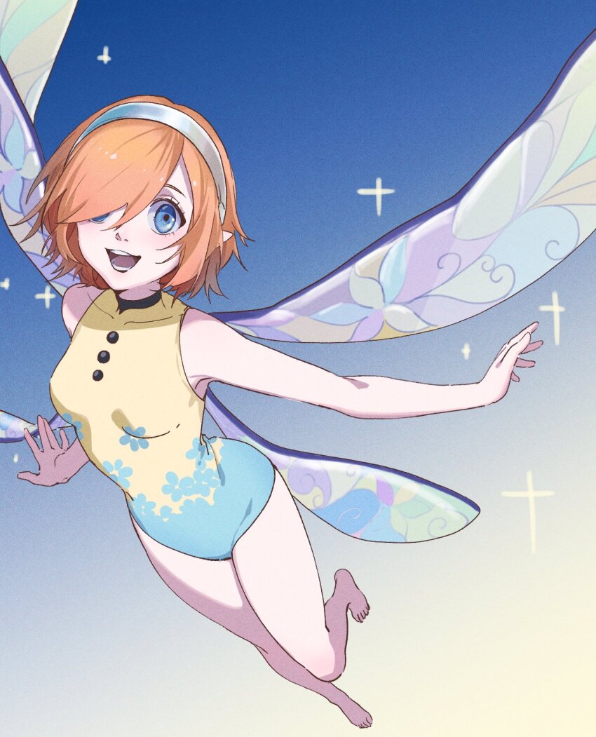 1girl, bare_shoulders, barefoot, blue_eyes, breasts, commentary, fairy, fairy_wings, flying, gallica_(metaphor:_refantazio), grey_hairband, hair_over_one_eye, hairband, highres, leotard, medium_breasts, metaphor:_refantazio, one_eye_covered, orange_hair, pointy_ears, short_hair, sleeveless, smile, solo, toes, wings, you92