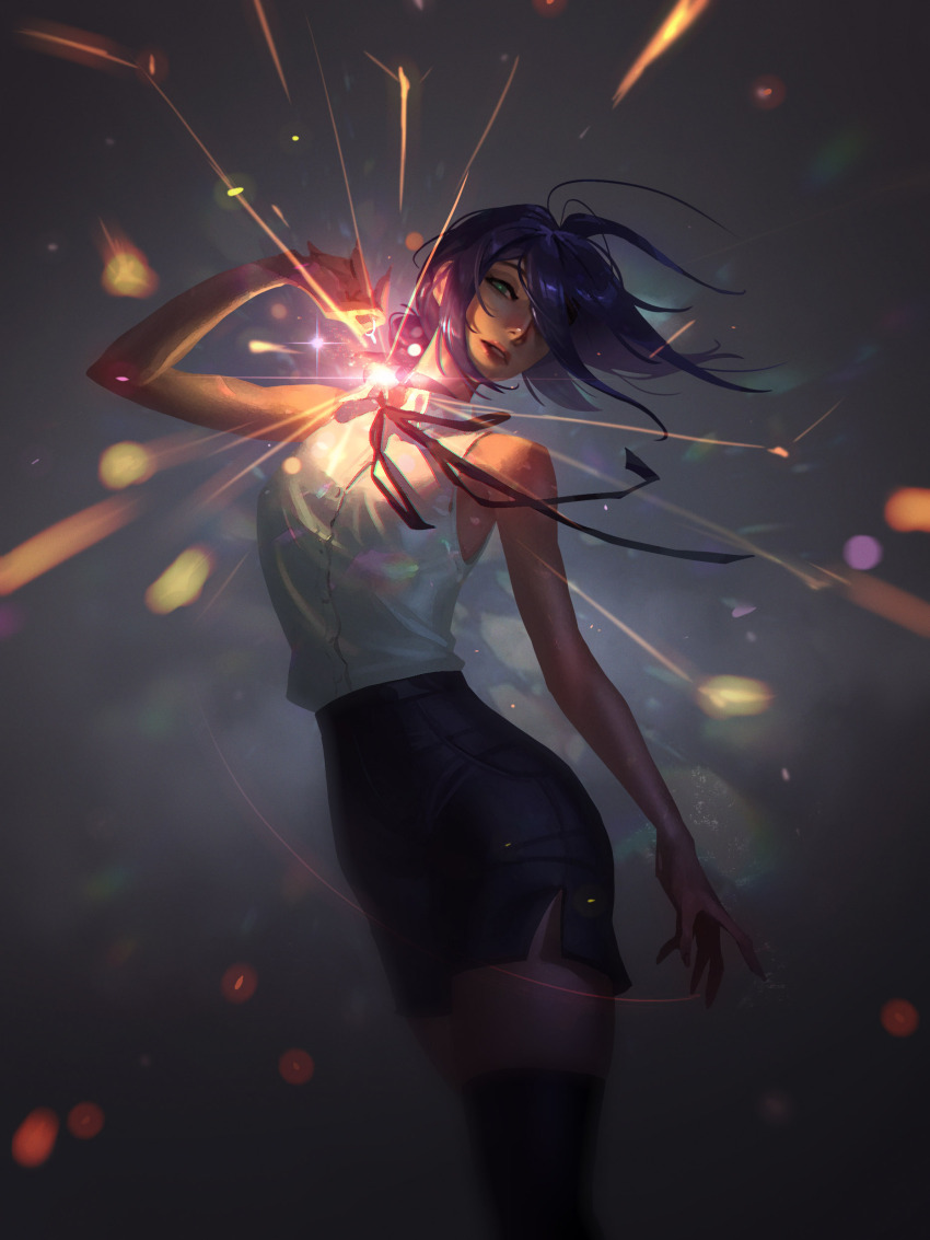 1girl, absurdres, bare_arms, bare_shoulders, black_choker, black_ribbon, black_skirt, black_thighhighs