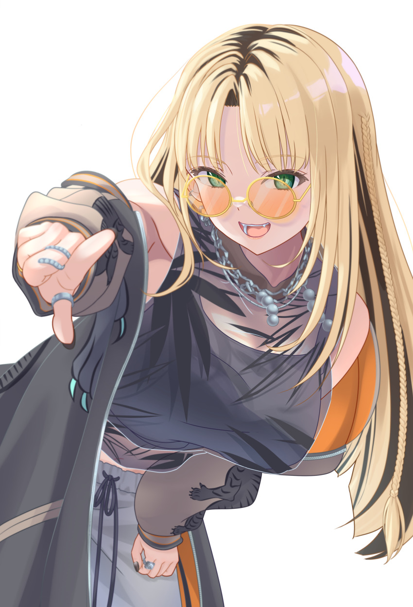 1girl, absurdres, black_hair, black_jacket, black_nails, blonde_hair, blue_pants, green_eyes