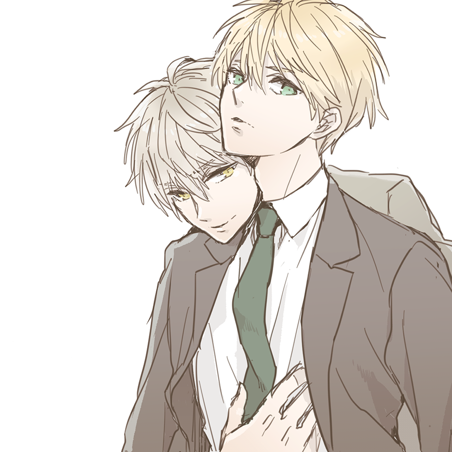 2boys, arthur_pendragon_(fate), arthur_pendragon_alter_(fate), blonde_hair, brown_jacket, closed_mouth, collared_shirt, commentary_request