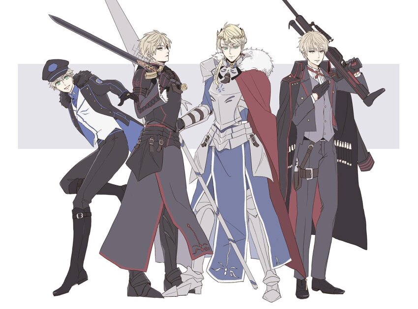 4boys, armor, armored_boots, arthur_pendragon_(fate), arthur_pendragon_(star_of_camelot)_(fate), arthur_pendragon_alter_(fate), assault_rifle, belt