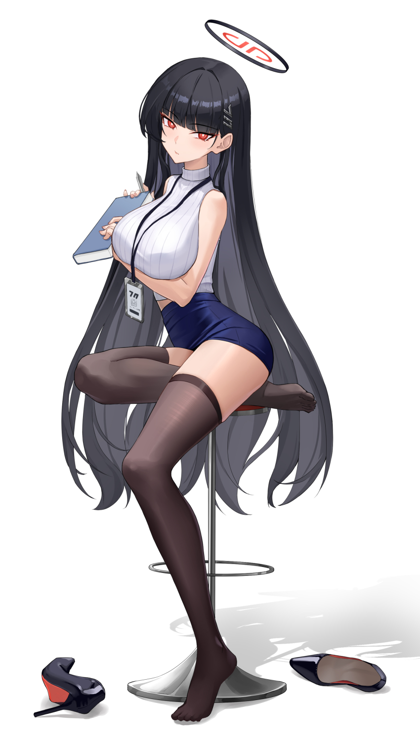 1girl, absurdres, arm_under_breasts, bar_stool, bare_arms, black_hair, black_halo, black_shoes