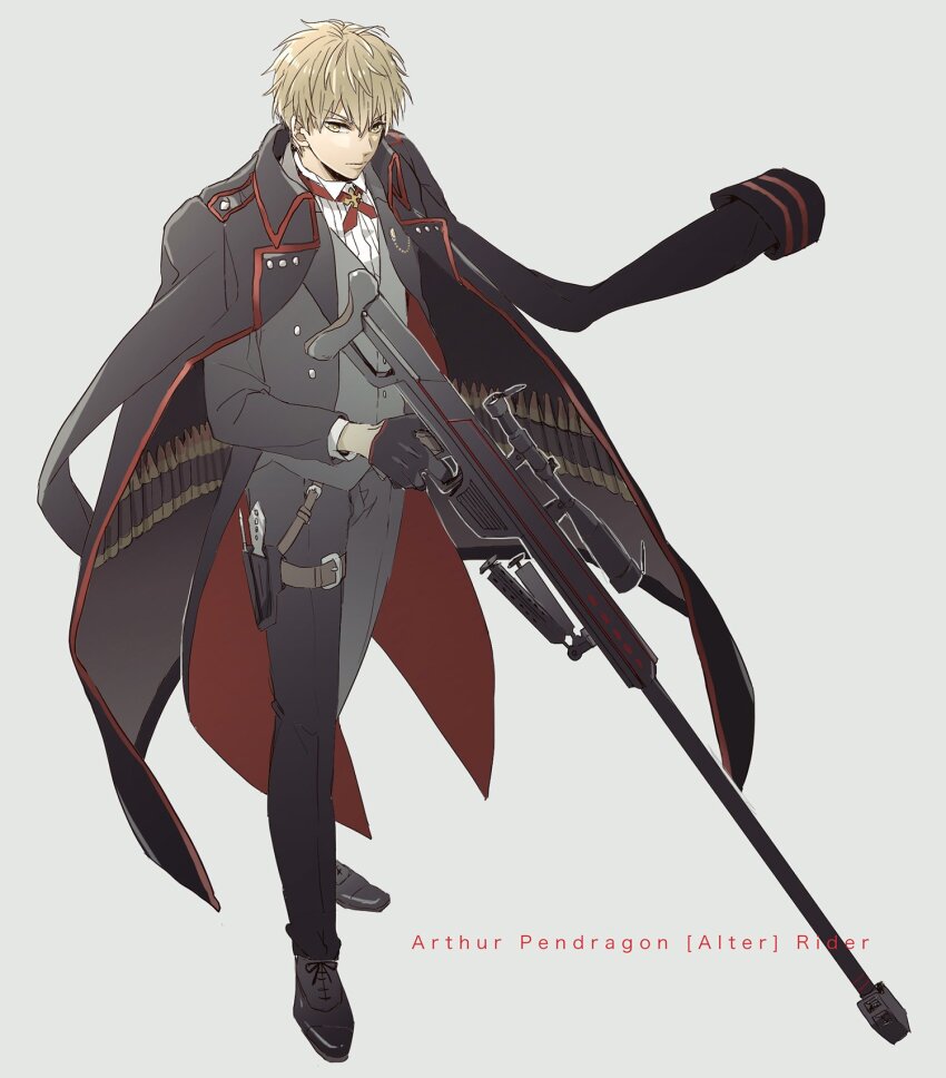 1boy, arthur_pendragon_(fate), arthur_pendragon_alter_(fate), assault_rifle, belt, black_coat, black_gloves, black_jacket