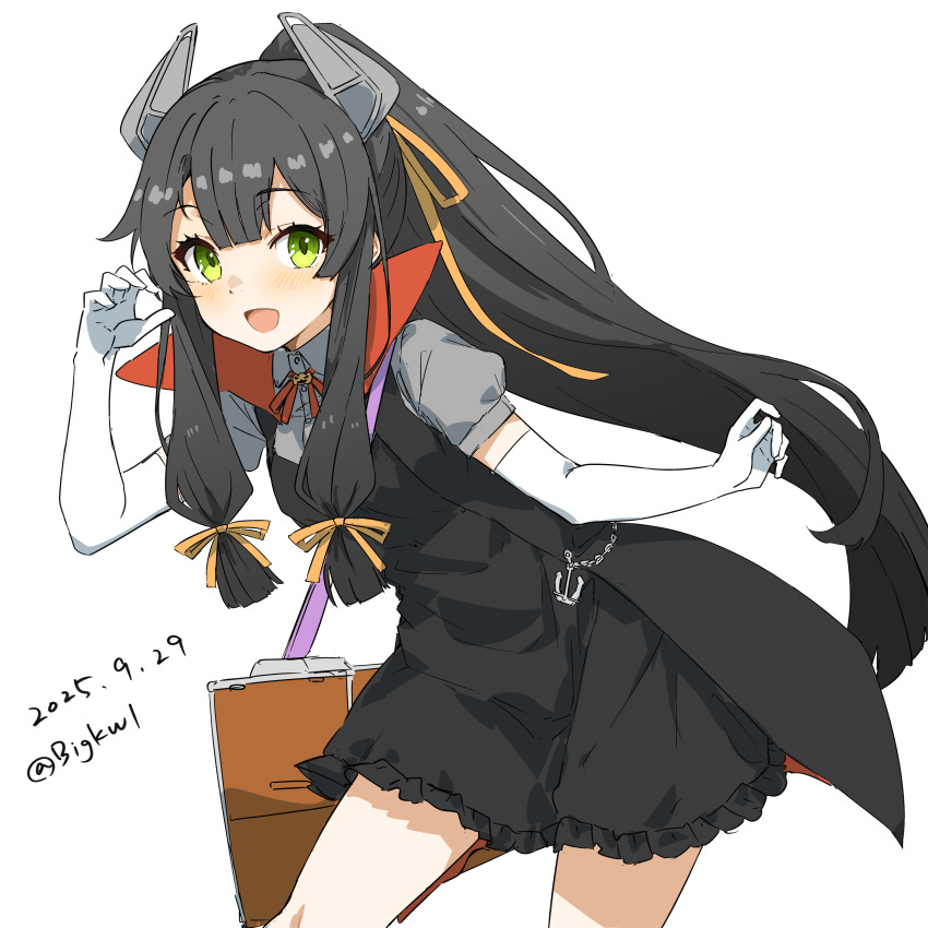 1girl, absurdres, bigkwl, black_dress, black_hair, dated, dress, elbow_gloves