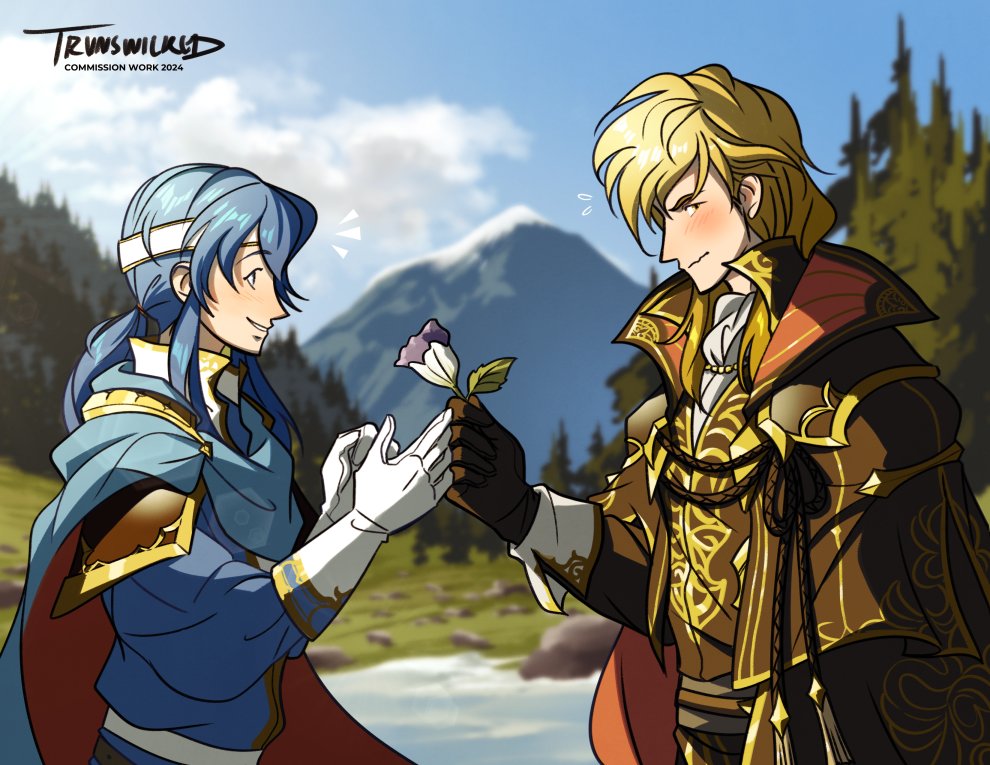 2024, 2boys, ares_(fire_emblem), artist_name, blonde_hair, blue_hair, blurry, blurry_background