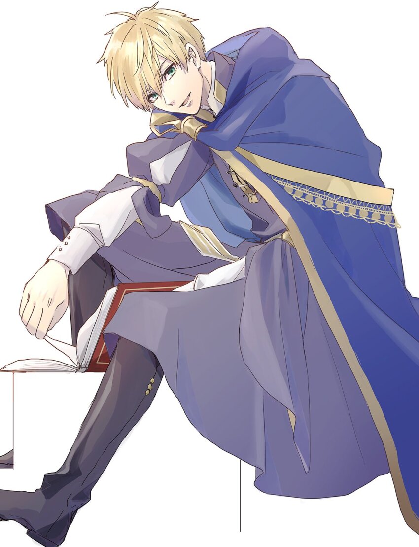 1boy, arthur_pendragon_(fate), black_boots, blonde_hair, blue_cape, book, boots, buttons