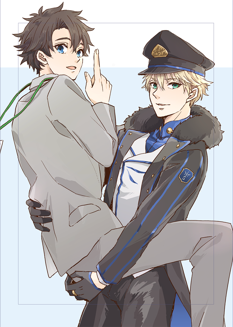 2boys, arthur_pendragon_(fate), arthur_pendragon_(star_of_camelot)_(fate), black_gloves, black_hat, black_pants, blonde_hair, blue_background