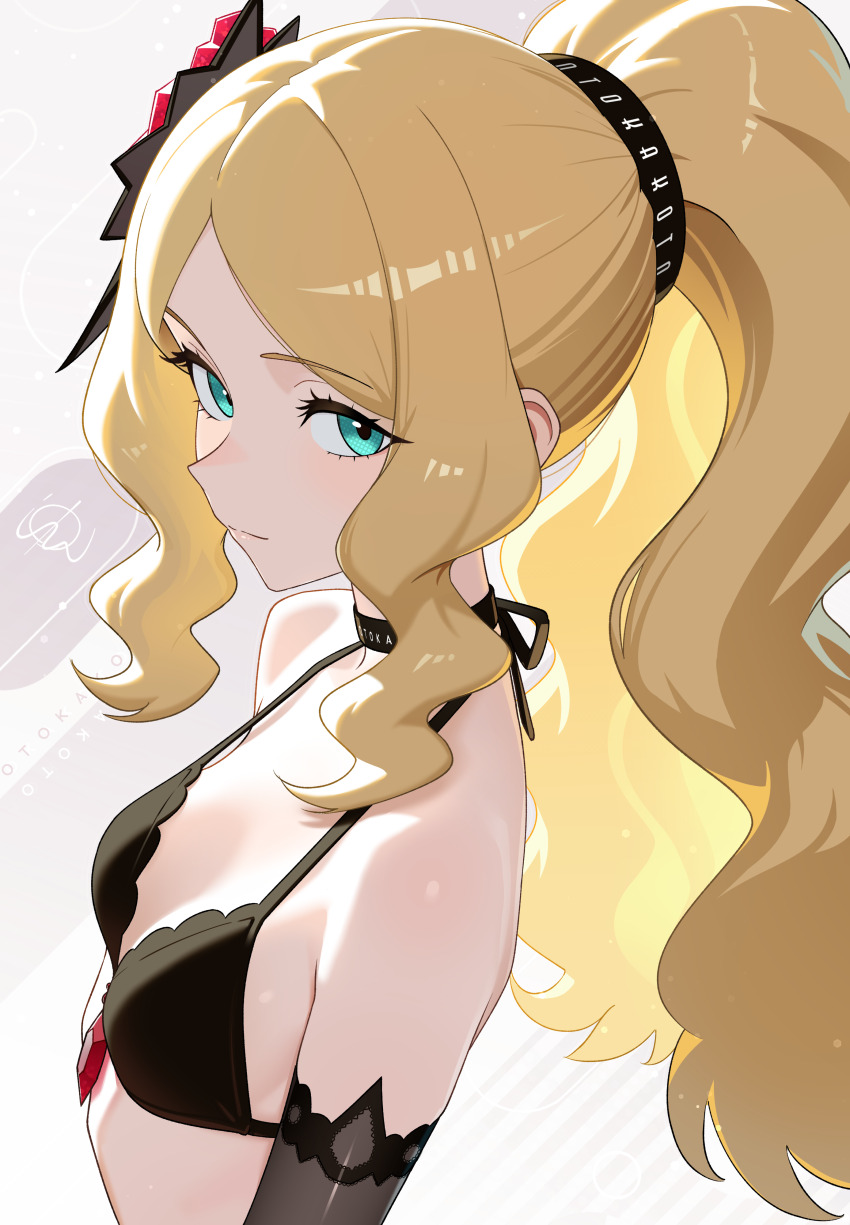 1girl, absurdres, black_bra, black_choker, black_gloves, blonde_hair, blue_eyes, bra, breasts, caitlin_(fall_2021)_(pokemon), caitlin_(pokemon), choker, cleavage, commentary, commentary_request, elbow_gloves, english_commentary, from_side, gloves, hair_ornament, high_ponytail, highres, long_hair, looking_at_viewer, nintendo, otokakoto, pokemon, pokemon_masters_ex, ponytail, sidelocks, small_breasts, solo, underwear, upper_body, very_long_hair, wavy_hair