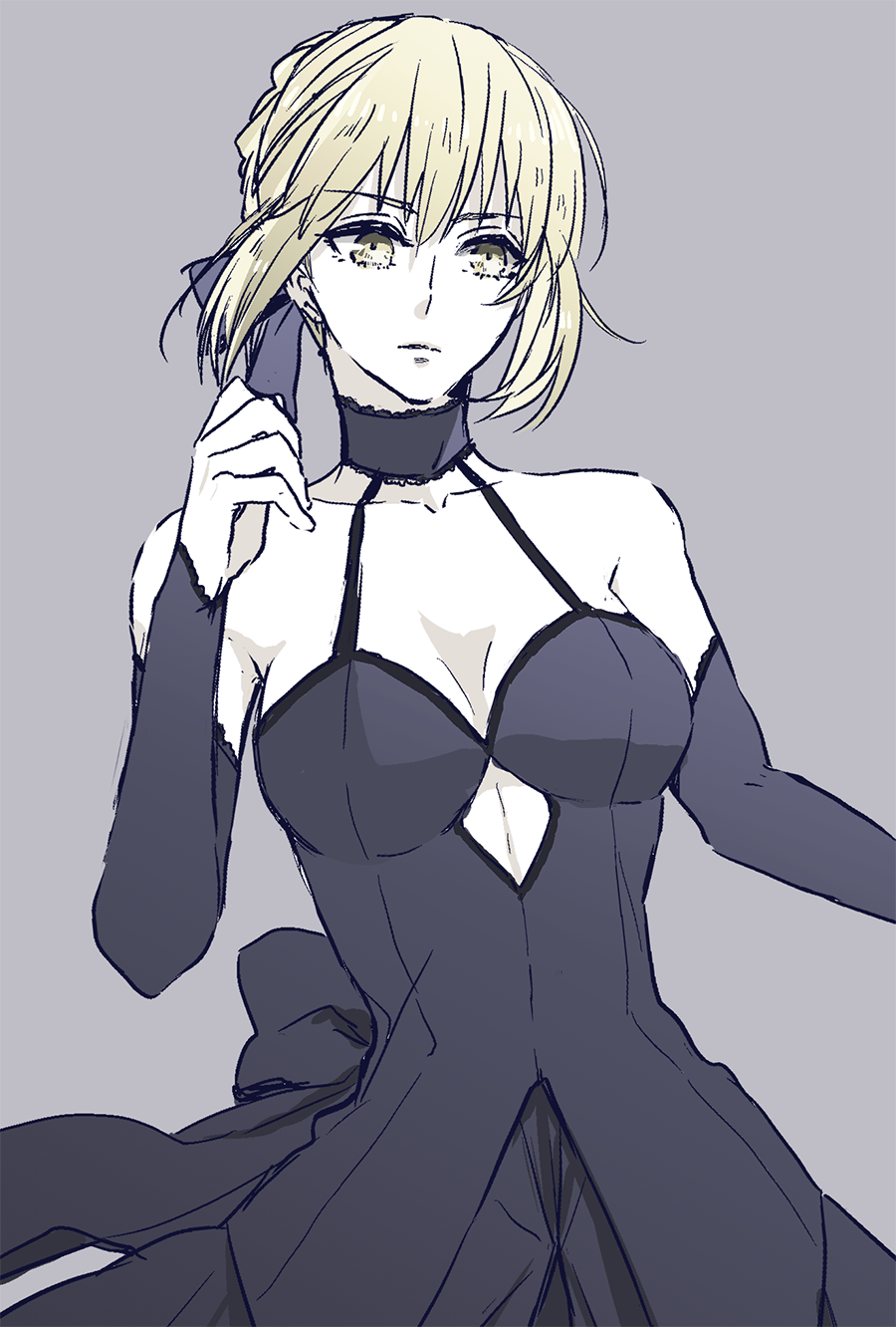 1girl, arms_up, artoria_pendragon_(fate), bare_shoulders, black_choker, black_dress, black_sleeves, blonde_hair, blue_bow, bow, braid, breasts, choker, closed_mouth, clothing_cutout, collarbone, commentary_request, cowboy_shot, dark_persona, date_(toybox), detached_sleeves, dress, fate/grand_order, fate_(series), grey_background, hair_between_eyes, hair_bow, hand_up, highres, long_sleeves, looking_at_viewer, medium_breasts, saber_alter, saber_alter_(final_ascension), short_hair, sidelocks, simple_background, sleeveless, sleeveless_dress, solo, standing, yellow_eyes
