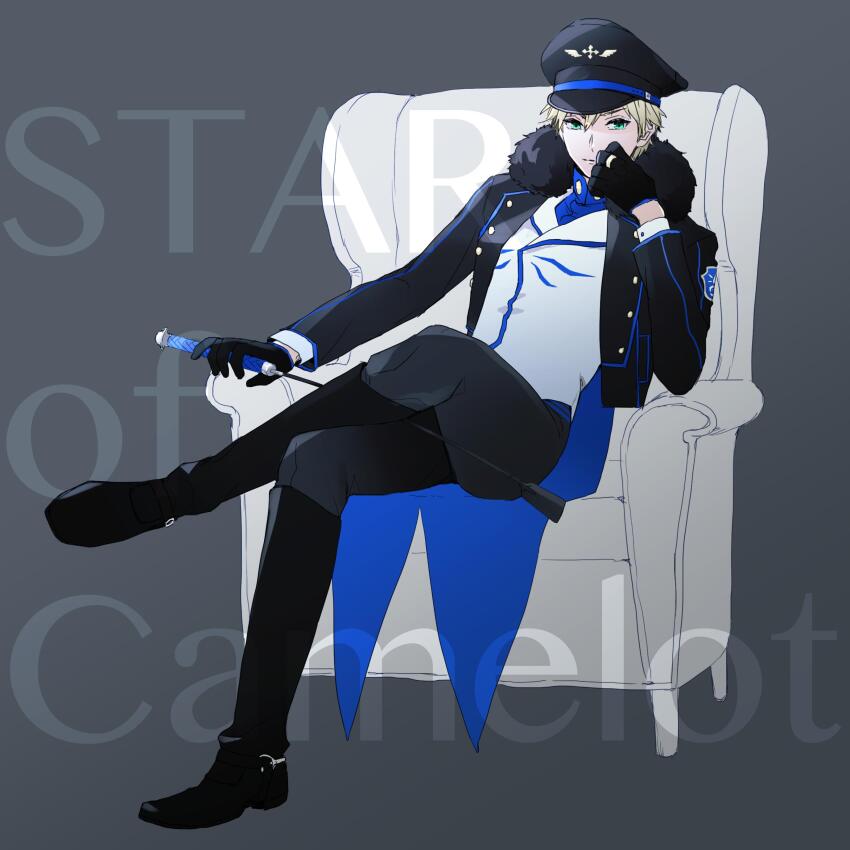 1boy, absurdres, arthur_pendragon_(fate), arthur_pendragon_(star_of_camelot)_(fate), black_boots, black_gloves, black_hat, black_jacket