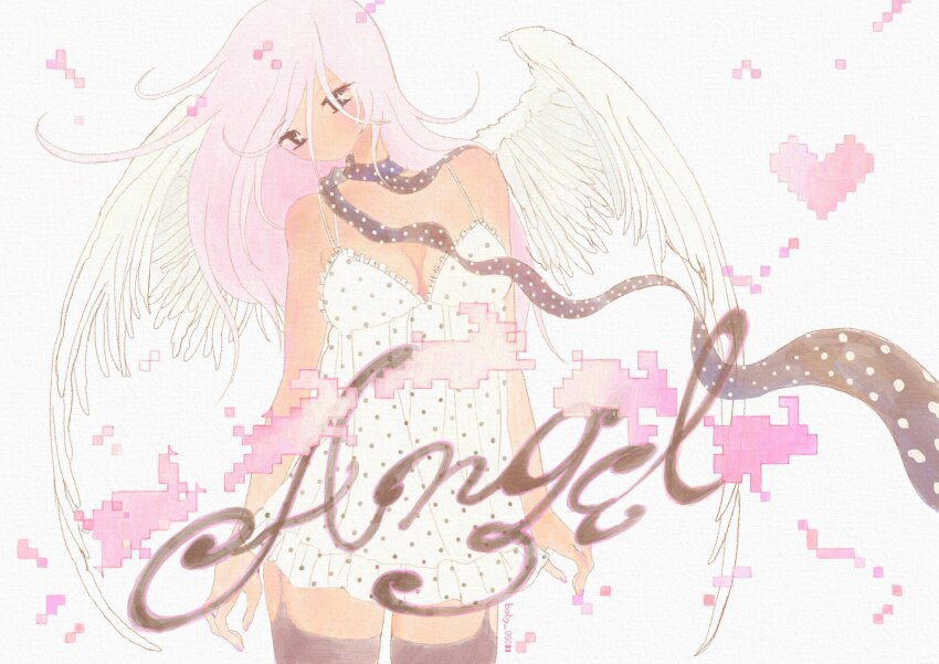 1girl, aiyuni, angel_wings, artist_name, babydoll, black_eyes, black_scarf, black_thighhighs