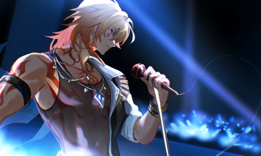 1boy, 42modern, arm_tattoo, armband, black_tank_top, blonde_hair, bow, braid