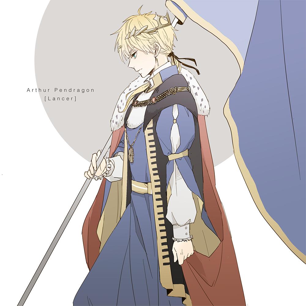 1boy, arthur_pendragon_(fate), battle_standard, black_ribbon, black_vest, blonde_hair, blue_robe, buttons
