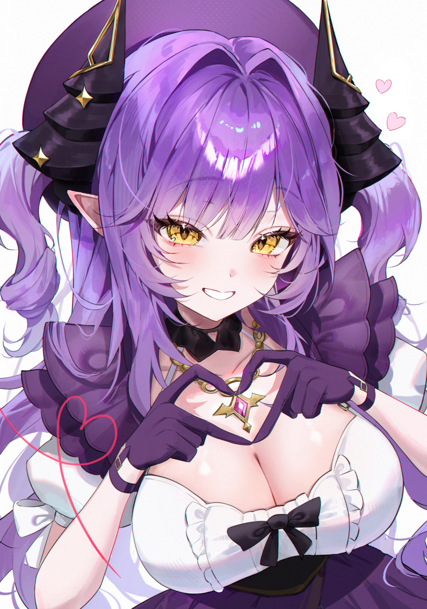 1girl, absurdres, black_bow, black_horns, blush, bow, breasts, cleavage