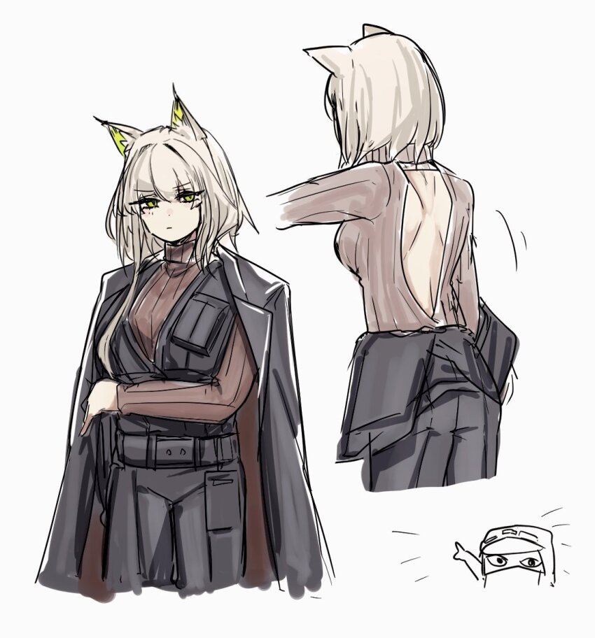 1girl, 1other, alternate_costume, ambiguous_gender, animal_ears, arknights, bare_back, cat_ears