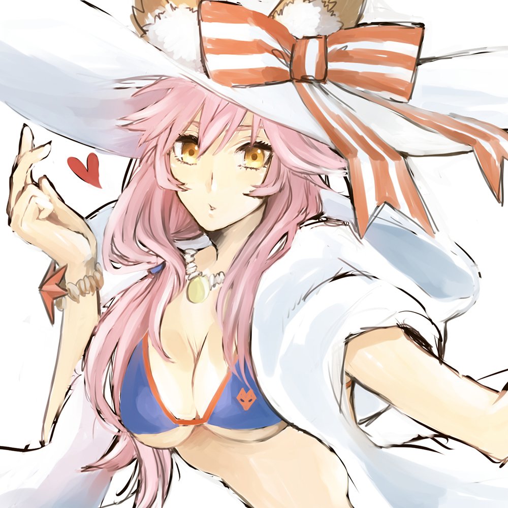 1girl, animal_ear_fluff, animal_ears, bikini, blue_bikini, bow, bracelet, breasts, commentary_request, date_(toybox), ears_through_headwear, fate/grand_order, fate_(series), fox_ears, fox_girl, hair_between_eyes, hand_up, hat, hat_bow, heart, jewelry, long_hair, looking_at_viewer, medium_breasts, necklace, open_clothes, open_mouth, open_shirt, pink_hair, red_bow, shirt, short_sleeves, sidelocks, simple_background, solo, star_bracelet, striped_bow, sun_hat, swimsuit, tamamo_no_mae_(fate), tamamo_no_mae_(swimsuit_lancer)_(fate), tamamo_no_mae_(swimsuit_lancer)_(third_ascension)_(fate), upper_body, white_background, white_hat, white_shirt, yellow_eyes
