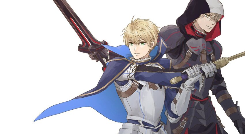2boys, armor, arthur_pendragon_(fate), arthur_pendragon_alter_(fate), belt, black_armor, black_hood, blonde_hair