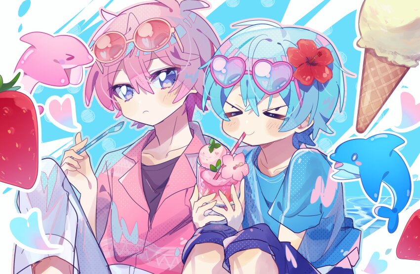 >_<, 2boys, blue_hair, blue_pants, blue_shirt, blush_stickers, closed_eyes, closed_mouth, colon_(stpri), commentary, cup, dolphin, drinking, drinking_straw, eyewear_on_head, flower, food, fruit, hair_flower, hair_ornament, heart, heart-shaped_eyewear, highres, holding, holding_cup, holding_spoon, ice_cream, knee_up, looking_at_another, male_focus, multiple_boys, pants, pink-framed_eyewear, pink-tinted_eyewear, pink_flower, pink_hair, pink_shirt, pitupituta, purple_eyes, red_flower, round_eyewear, satomi_(stpri), shirt, short_sleeves, smile, spoon, strawberry, strawberry_prince, tinted_eyewear, white_pants