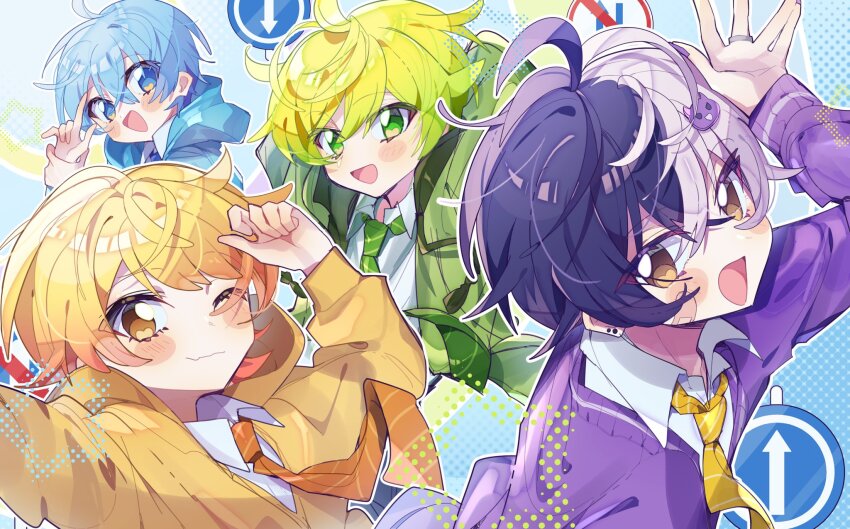 4boys, ahoge, akkiy_(amptakxcolors), amptakxcolors, arm_up, arrow_(symbol), black_hair, blonde_hair