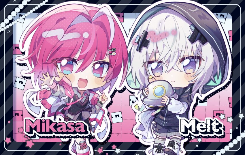 2boys, ahoge, arm_up, asymmetrical_bangs, black_jacket, black_sweater_vest, blush_stickers, character_name