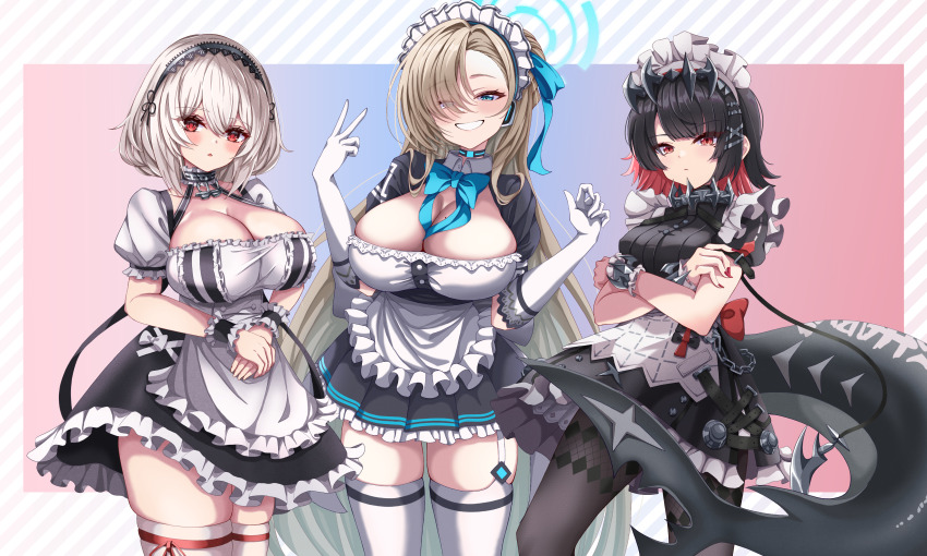 3girls, absurdres, apron, asuna_(blue_archive), azur_lane, black_dress, black_hair, black_pantyhose, blonde_hair, blue_archive, blue_bow, blue_bowtie, blue_eyes, blue_halo, blush, bow, bowtie, breasts, choker, cleavage, collarbone, colored_inner_hair, crossed_arms, crossover, dress, ellen_joe, fins, fish_tail, frilled_dress, frills, gloves, grey_hair, grin, hair_between_eyes, hair_ornament, hair_over_one_eye, hair_ribbon, hairclip, halo, headphones, highres, kokonoe910, large_breasts, looking_at_viewer, maid, maid_apron, maid_headdress, multicolored_hair, multiple_girls, pantyhose, parted_lips, puffy_short_sleeves, puffy_sleeves, red_eyes, red_hair, ribbon, shark_tail, short_hair, short_sleeves, sirius_(azur_lane), smile, tail, thighhighs, thighs, v, white_gloves, white_thighhighs, wrist_cuffs, zenless_zone_zero