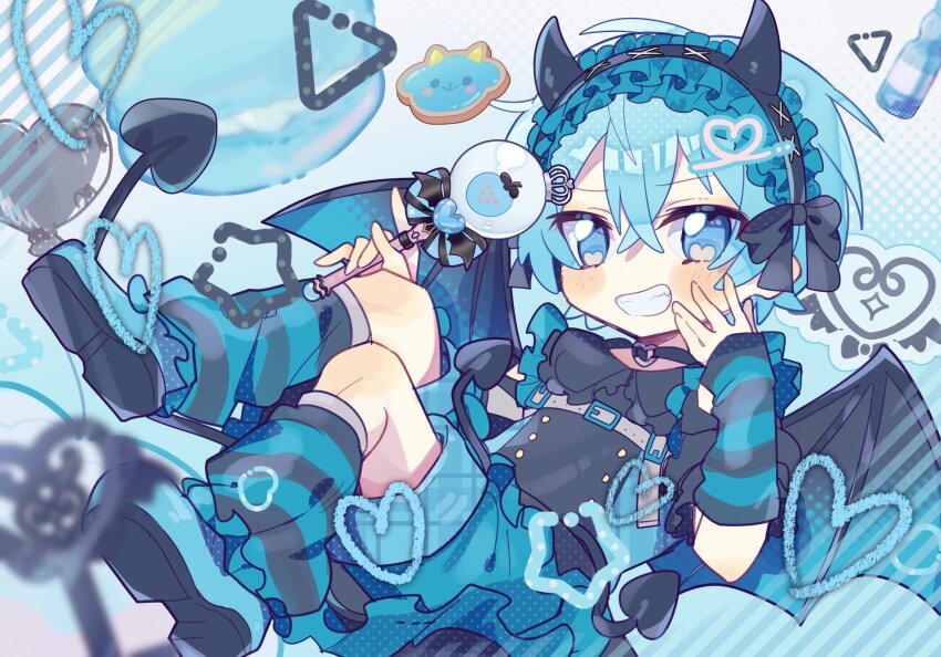 1boy, arm_warmers, balloon, black_bow, black_headband, black_shirt, black_wings, blue_eyes, blue_hair, blue_shoes, blue_shorts, blush_stickers, bow, chest_harness, chibi, chibi_only, colon_(stpri), commentary, fake_horns, floating, frilled_headwear, full_body, hair_between_eyes, harness, headband, heart, heart_balloon, highres, holding, holding_wand, horns, index_finger_raised, male_focus, pitupituta, shirt, shoes, short_hair, shorts, smile, solo, star_(symbol), strawberry_prince, striped_arm_warmers, wand, wings