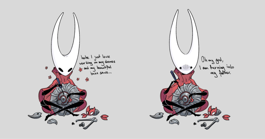 1girl, arthropod_girl, black_skin, cloak, cogfly_(hollow_knight), colored_skin, commentary, english_commentary