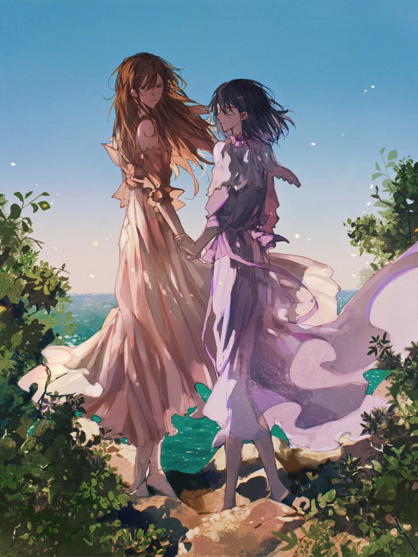 2girls, barefoot, black_hair, breathing742105, brown_eyes, brown_hair, bush, cliff