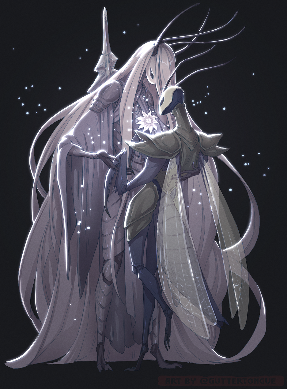 2girls, absurdly_long_hair, antennae, armor, arthropod_girl, arthropod_limbs, black_background, breastplate, commentary, everbloom_(hollow_knight), english_commentary, flower, grey_hair, grey_mourner_(hollow_knight), guttertongue, highres, holding, holding_flower, holding_hands, hollow_knight, insect_wings, long_hair, mantis_girl, multiple_girls, shoulder_armor, simple_background, traitor's_child_(hollow_knight), very_long_hair, white_flower, white_mask, wings, yuri