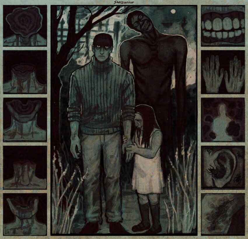 1girl, 2boys, armpit_hair, artist_name, black_hair, blood, body_horror, bug, child, close-up, commentary, crying, crying_with_eyes_open, dress, english_commentary, full_body, full_moon, grin, headofthedead, highres, holding_another's_wrist, horror_(theme), intruder_(no_i'm_not_a_human), kneehighs, little_girl_(no_i'm_not_a_human), long_hair, looking_at_viewer, moon, multiple_boys, night, no_i'm_not_a_human, outdoors, protagonist_(no_i'm_not_a_human), short_hair, sleeveless, sleeveless_dress, smile, socks, standing, tears, teeth, topless_male, tree, vertical-striped_sweater, white_dress