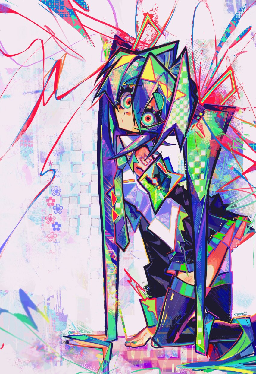 1girl, abstract, abstract_background, absurdly_long_hair, absurdres, aqua_hair, aqua_nails, arm_support, black_skirt, boots, detached_sleeves, feet_out_of_frame, from_side, hair_between_eyes, hair_intakes, hair_ornament, hand_on_ground, hatsune_miku, head_tilt, highres, kneeling, kxbo99, leaning_forward, long_hair, looking_at_viewer, multicolored_eyes, necktie, shirt, shoulder_tattoo, skirt, sleeveless, sleeveless_shirt, solo, spiked_hair, tattoo, thick_eyebrows, thigh_boots, thighhighs, twintails, very_long_hair, vocaloid, white_shirt