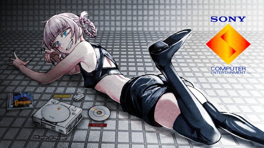 1girl, ass, black_boots, black_nails, black_shirt, black_shorts, blue_eyes, blunt_bangs, boots, braid, braided_hair_rings, breasts, castlevania:_symphony_of_the_night, castlevania_(series), cd, colored_eyelashes, crop_top, foot_out_of_frame, foot_up, game_console, grin, hair_rings, highres, looking_at_viewer, lying, memory_card, nail_polish, nanakusa_nazuna_(yofukashi_no_uta), on_stomach, playstation_1, pointing, pointing_at_viewer, purple_hair, reiquant, shirt, shoe_soles, shorts, sleeveless, sleeveless_shirt, small_breasts, smile, solo, sony, the_pose, thigh_boots, very_long_fingernails, yofukashi_no_uta