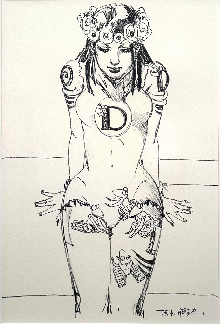 1girl, 4others, absurdres, araki_hirohiko, arm_tattoo, armlet, bare_legs, breasts, brooch, commentary, covered_navel, dragona_joestar, dreadlocks, english_commentary, flower_wreath, greyscale, hatching_(texture), head_wreath, highres, jewelry, jojo_no_kimyou_na_bouken, jumpsuit, looking_down, medium_breasts, monochrome, multiple_others, non-humanoid_robot, official_art, robot, second-party_source, sitting, sketch, smooth_operators, solo, stand_(jojo), tattoo, the_jojolands, torn_clothes, traditional_media