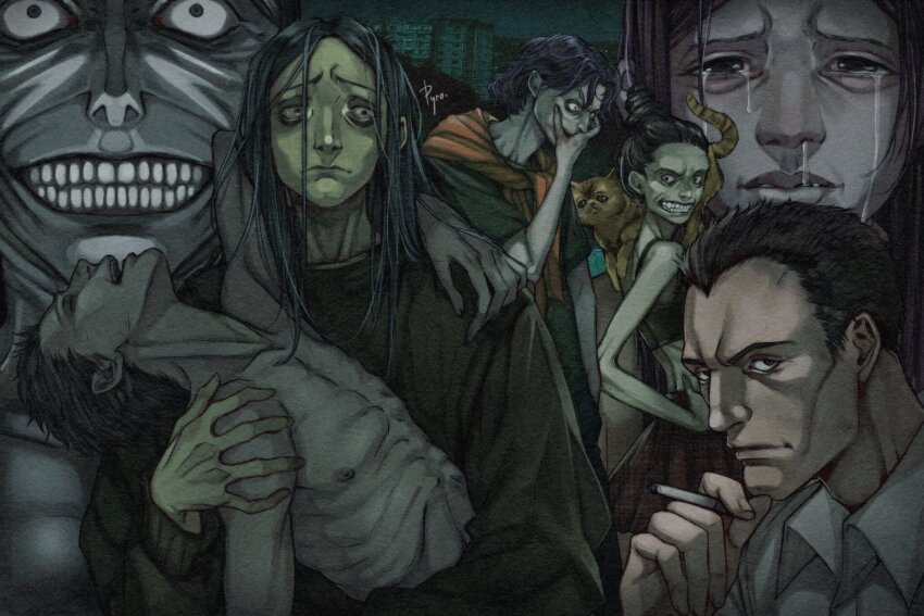 3girls, 4boys, artist_name, black_hair, black_shirt, blood, carrying, carrying_person, cat, cigarette, collared_shirt, corpse, crazy_eyes, crop_top, crying, crying_with_eyes_open, emaciated, grin, highres, holding, holding_cigarette, intruder_(no_i'm_not_a_human), little_girl_(no_i'm_not_a_human), long_hair, looking_at_viewer, medium_hair, multiple_boys, multiple_girls, no_i'm_not_a_human, plaid_clothes, plaid_skirt, pyro_cri, sad, shirt, short_hair, skirt, smile, snot, bar_guy_(no_i'm_not_a_human), tears, teeth, white_hair, widowed_woman_(no_i'm_not_a_human), wireface_(no_i'm_not_a_human)