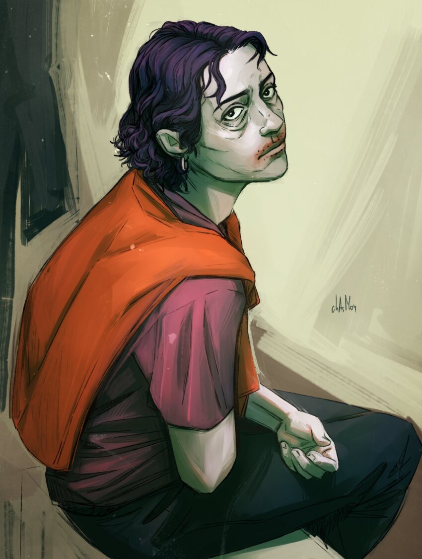 1boy, bags_under_eyes, black_eyes, black_pants, chasmou, clothes_lift, earrings, highres, injury, jewelry, looking_at_viewer, male_focus, medium_hair, no_i'm_not_a_human, pants, pink_shirt, purple_hair, shirt, shirt_behind_neck, shirt_lift, sitting, solo, solo_focus, wireface_(no_i'm_not_a_human)