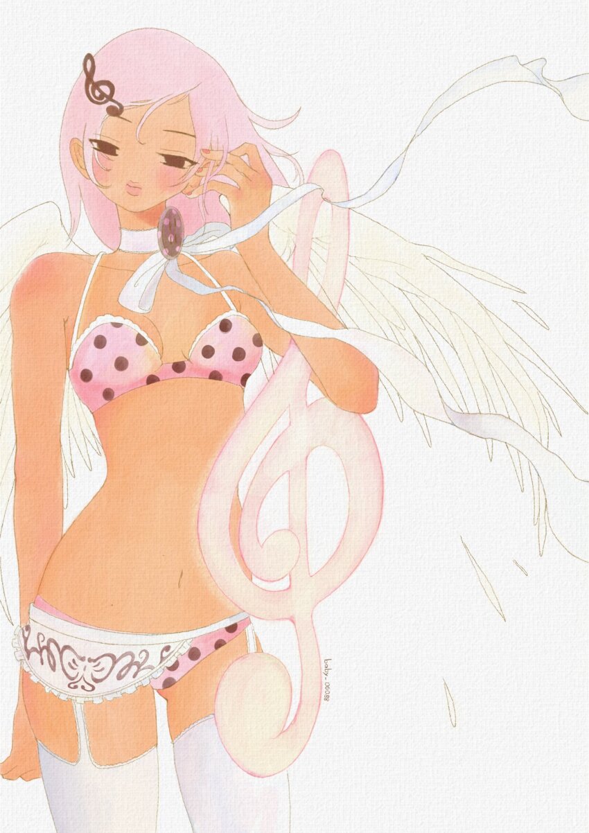 1girl, adjusting_hair, aiyuni, angel_wings, apron, arm_behind_back, artist_name, black_eyes