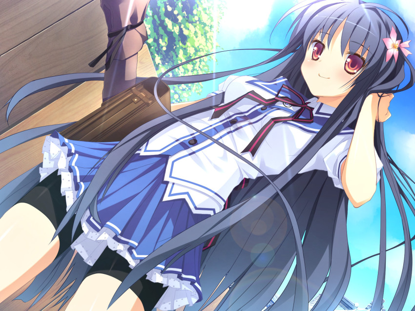 1girl, black_hair, blue_hair, blush, brown_eyes, female_focus, flower, game_cg, hair_flower, hair_ornament, happy, highres, kibitsumiya_akari, long_hair, nimura_yuuji, oni_gokko!, onigokko_(series), outdoors, red_eyes, saiga_(company), school_uniform, shorts, sky, solo, tree