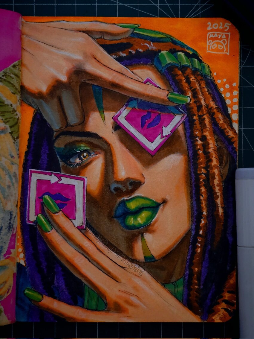 1girl, 2025, brown_eyes, brown_hair, commentary, dark-skinned_female, dark_skin, dreadlocks, ermes_costello, eyeshadow, facepaint, green_eyeshadow, green_lips, green_nails, highres, holding, holding_sticker, jojo_no_kimyou_na_bouken, long_hair, looking_at_viewer, makeup, marker_(medium), maya_panda, one_eye_covered, photo_(medium), portrait, solo, sticker, stone_ocean, traditional_media