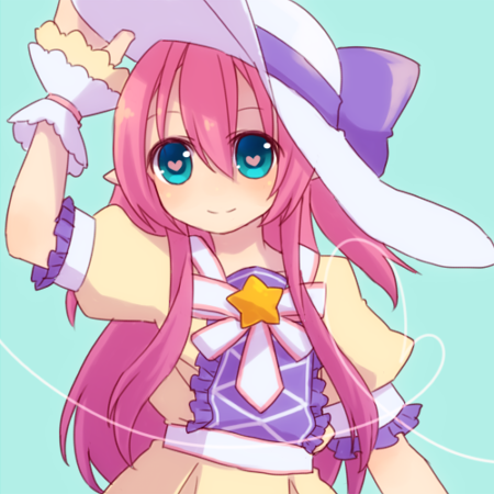 1girl, dress, emil_chronicle_online, frilled_dress, frills, green_background, hat, hat_ribbon