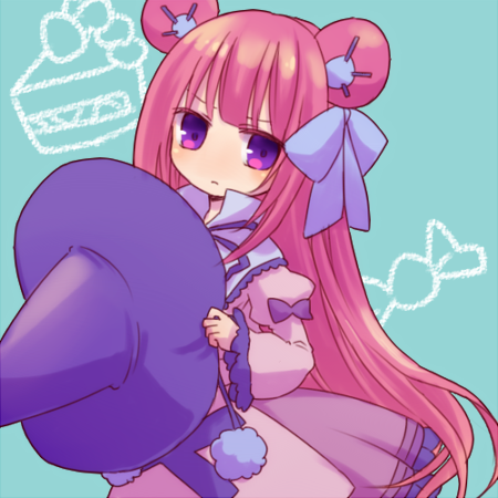 1girl, animal_ears, bear_ears, bear_girl, blue_capelet, blue_ribbon, capelet, dress, dumpty_alma, emil_chronicle_online, frilled_dress, frills, green_background, hair_ribbon, hat, holding, holding_unworn_clothes, holding_unworn_hat, lowres, purple_dress, purple_eyes, purple_hair, purple_hat, puzzle_&amp;_dragons, ribbon, solo, tarou_4, unworn_hat, unworn_headwear, witch_hat